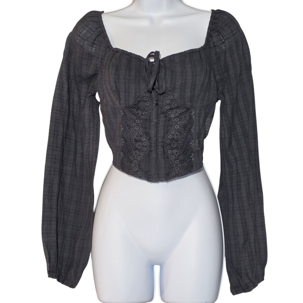 American Eagle Black Lace Corset Top Long Sleeve Boho Cropped‎ Blouse Medium